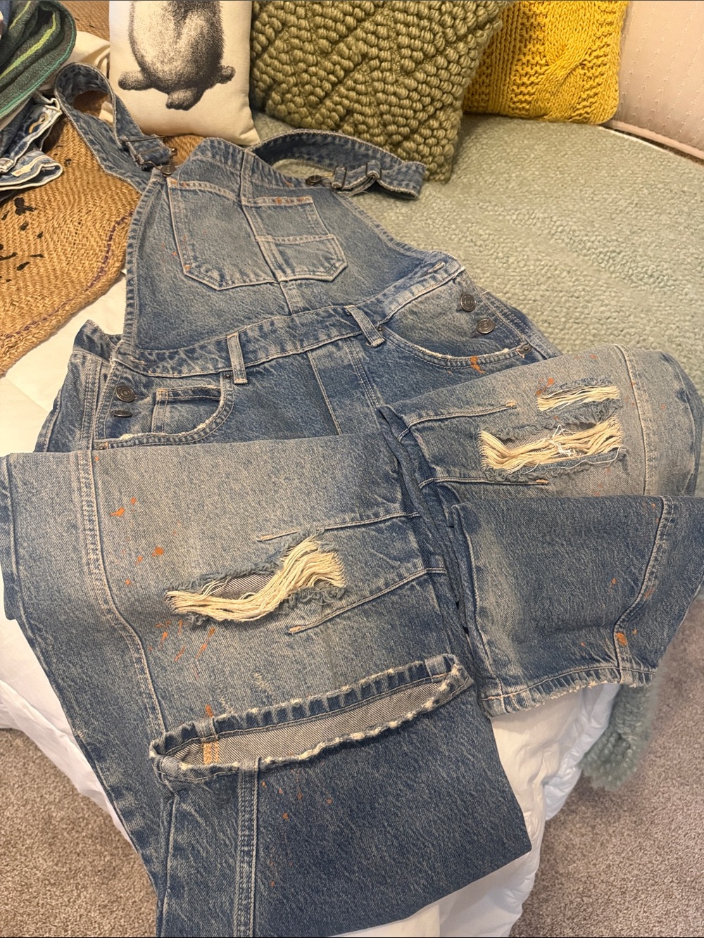 Distressed Blue Denim Overalls - Paint-Splatter Detail
